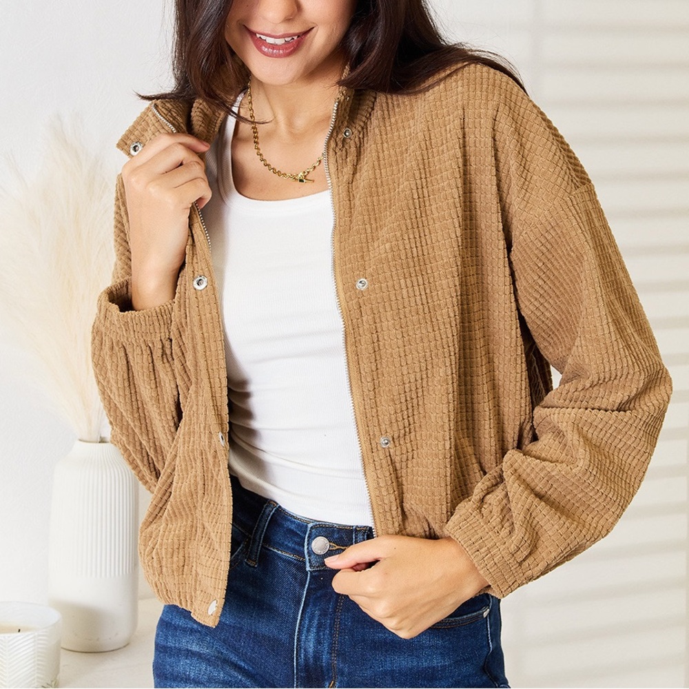 NEW Double Take Camel Brown Ribbed Cropped Dropped Shoulder Bomber Jacket